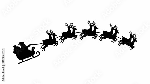 Black silhouette of Santa Claus in his sleigh pulled by a team of reindeer flying across a white background, a classic Christmas holiday scene.