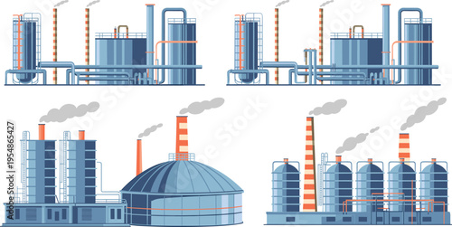 Flat vector illustration of industrial refinery plants, factory buildings with pipelines, storage tanks and smokestacks, modern energy production and petrochemical manufacturing concept design