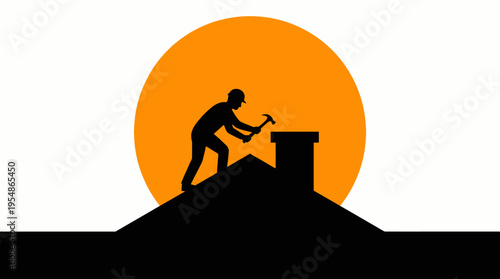 Silhouette of a roofer working on a house roof with a hammer against a large orange sun.