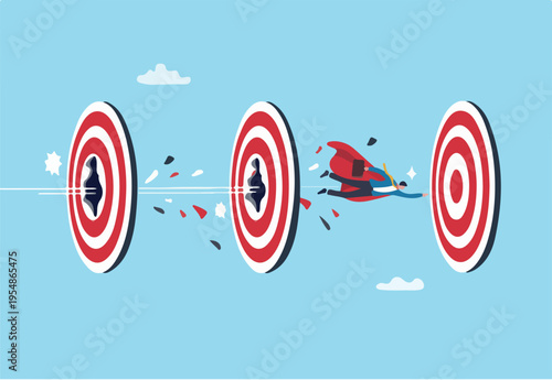 Power to reach targets, goals or achievements, aiming, challenge or aspiration to success, motivation or strength, leadership skill concept, businessman superhero flying breakthrough target
