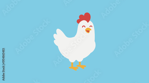 A cute cartoon white chicken with a red comb and yellow beak smiling happily on a light blue background.