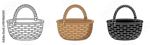 Set of three wicker basket icons in outline, color, and silhouette styles. Empty woven picnic or harvest basket vector illustration.