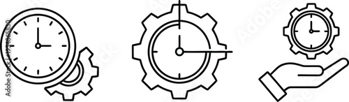 Time management gear efficiency clock process icon outline set