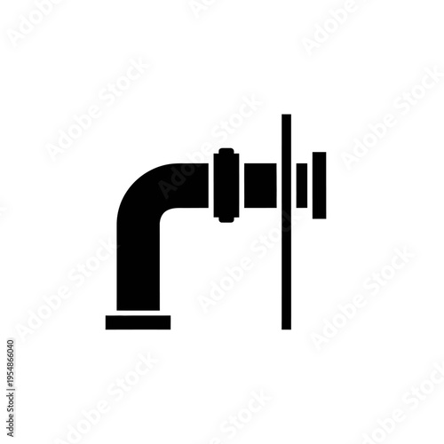 Plumbing pipe elbow connection with wall flange and valve icon symbol, clean black and white graphic representation of a basic plumbing fixture
