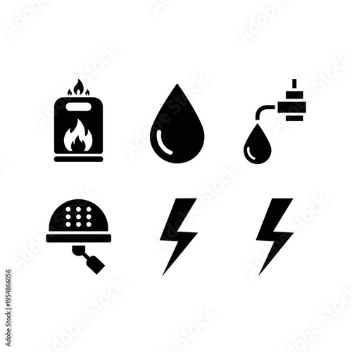 Comprehensive set of essential utility icons representing critical home and business services electricity, water supply, and heating elements for modern infrastructure design