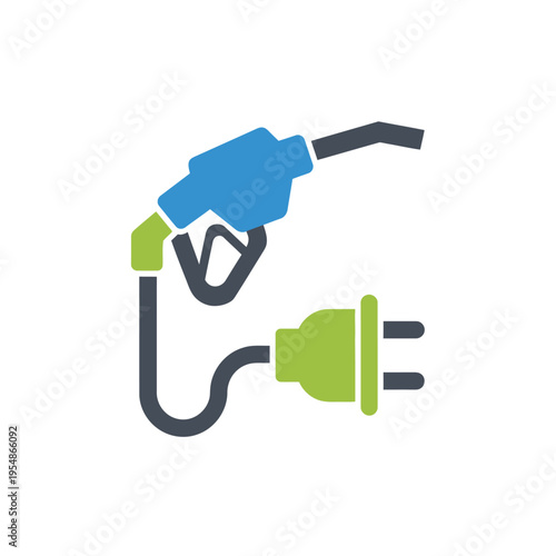 Icon depicting a fuel pump nozzle linked to an electric charging plug, symbolizing hybrid energy, sustainable transportation, and the future of vehicle power
