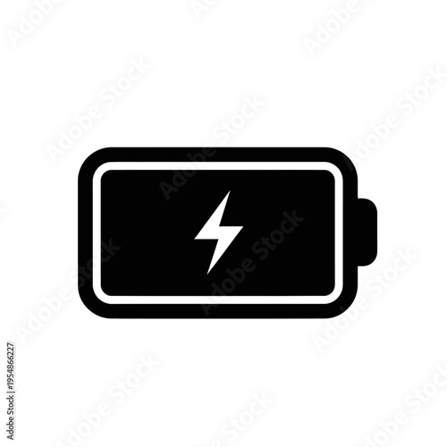 Simple black icon of a charging battery with a lightning bolt symbol indicating power and energy, isolated on a white background