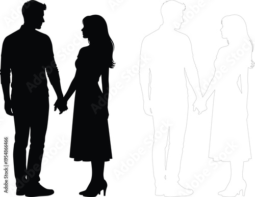 Romantic Couple Holding Hands Silhouette Love Relationship Man and Woman Together Vector Illustration