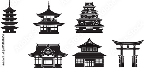 Black and white of traditional pagoda buildings traditional architecture asian temple tiered roof de