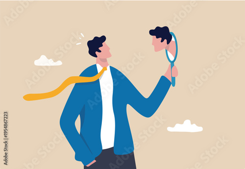 Self awareness, aware of different aspect of self, behaviors and feelings, psychology state of oneself becomes focus of attention, businessman found himself from mirror thinking about self