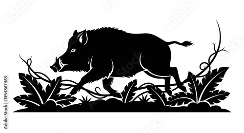 Black boar running through grass.
