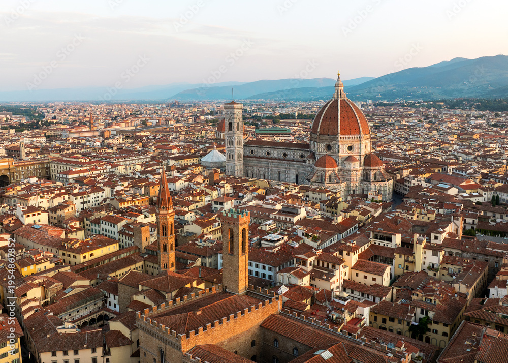 Obraz premium Aerial landscape Florence Italy historic city center. Duomo cathedral dome drone shot sunrise summer. Scenic renaissance landmark Tuscany travel destination world heritage architecture background.