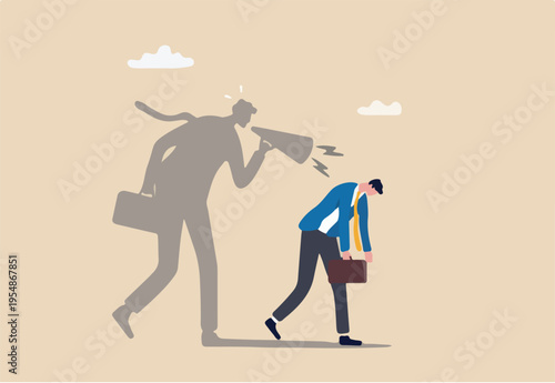 Self criticism, negative critic thinking to blame yourself, guilt or depression to rant or inner anxiety, anger or stress psychology concept, depressed businessman self shadow blame.