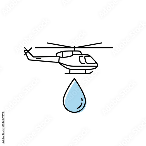 Modern line art icon of a helicopter deploying a large water droplet, symbolizing aerial firefighting, emergency services, and humanitarian aid operations