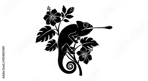 Black chameleon on branch leaves.