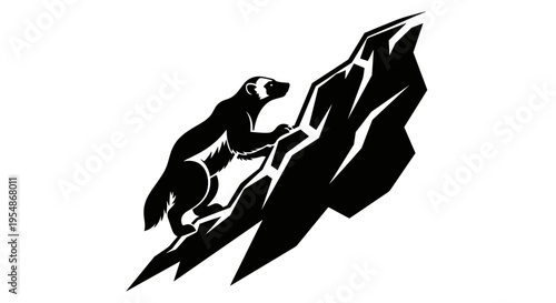 Black dog on mountain peak.