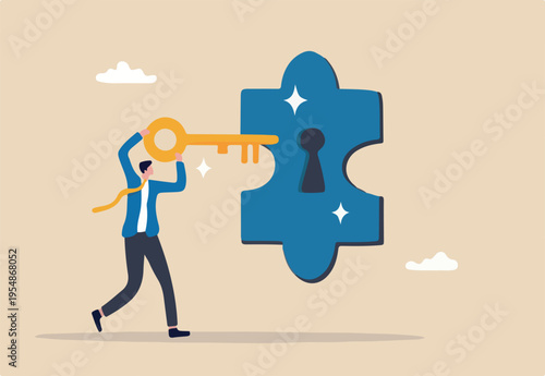 Turnkey solution complete ready to use product, open opportunity to solve customer problem, unlock potential to success, software or platform concept, businessman turn key into jigsaw puzzle.
