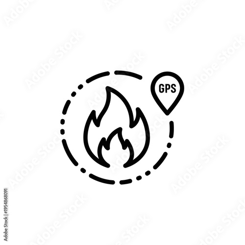 Line art icon of a GPS pin indicating a fire, symbolizing a fire location warning, emergency alert, or hazard mapping for safety and disaster management