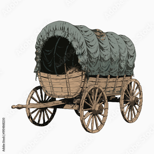 Old fashioned wooden horse carriage with large wheels isolated on a white background showing a vintage rural transport vehicle.