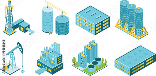 Isometric industrial vector illustration of oil refinery, factory buildings, storage tanks, drilling rig and pipeline infrastructure, modern energy production and petrochemical industry concept