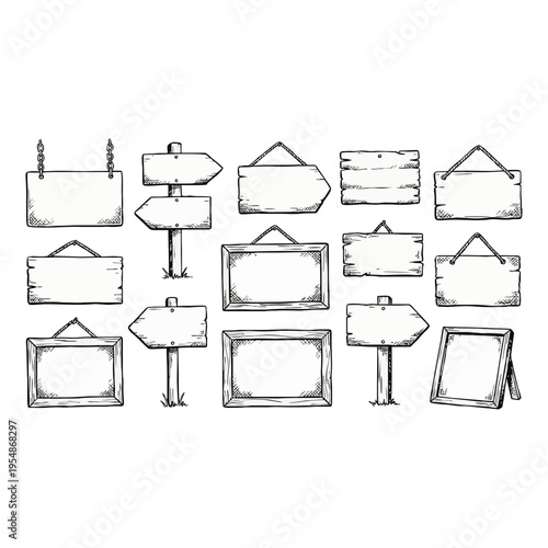 A set of wooden signs and blank frames for creative design and advertising use, including directional signs, hanging signs, and easel frames.
