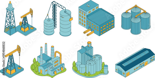 Isometric vector illustration of oil and gas industry infrastructure, refinery plants, storage tanks, drilling rigs and factory buildings, modern energy production concept