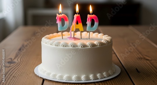 A white frosted cake with colorful candles spelling 'dad' on a wooden table