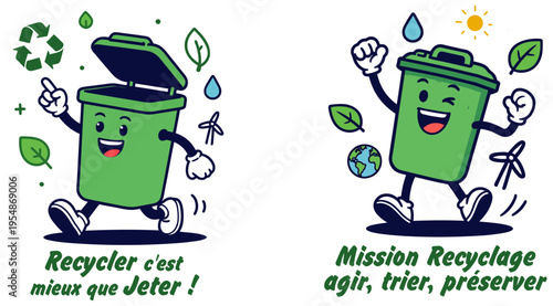 Personnage bac de tri souriant autour d’icônes écologiques, illustrant un concept éducatif et ludique sur le tri des emballages et le recyclage, Journée Mondiale du Recyclage