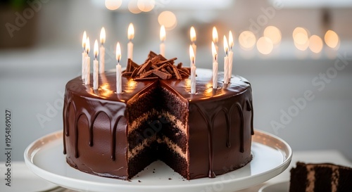 A chocolate birthday cake with lit candles on a white plate