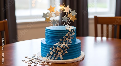 A two tiered blue cake with star decorations on a wooden table
