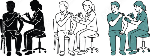 Vector set of vaccination illustration in three styles: silhouette, line art, and flat color.