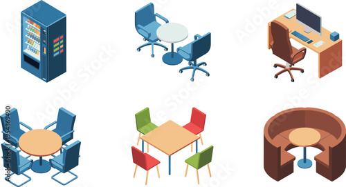 Office furniture and cafeteria seating vector illustration with vending machine desks chairs workplace interior design modern arrangement collection