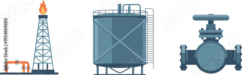 Oil and gas equipment vector illustration with drilling rig storage tank valve pipeline petroleum industry energy production engineering technology concept