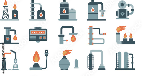 Oil and gas industry icon set featuring refinery equipment pipelines storage tanks drilling rigs flat vector industrial illustration collection