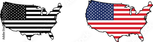 American Flag USA Map Outline Graphic, Patriotic United States Map with Stars and Stripes for Independence Day and 4th of July.