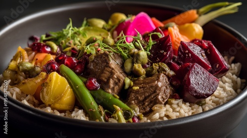 Colorful plate of aromatic rice topped with tender beef, vibrant vegetables, and fresh herbs showcasing a delightful culinary composition for food lovers