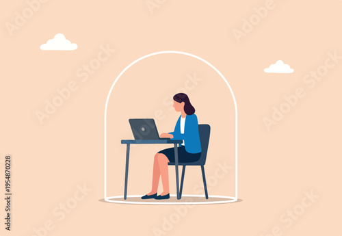 Introvert working space, privacy to work individual, employee work productively when working alone concept, introvert disconnected woman working alone with computer laptop covered inside glass dome