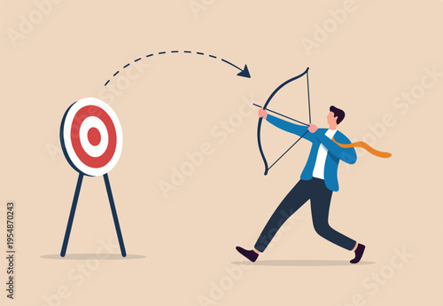 Terribly missed target, failure or mistake, fail to achieve goal, big error or wasted effort concept, overconfidence businessman archery terribly missed target