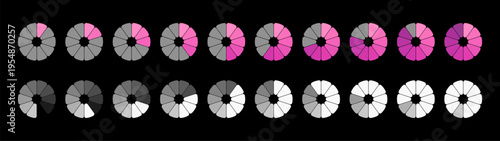 Circular segmented progress chart set. Radial donut loading indicators and ring percentage diagrams for interface, infographic, data visualization or presentation. Vector illustration.
