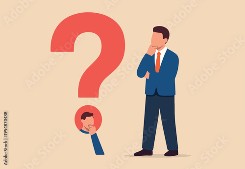Question or problem solving, think about answer or solution, contemplation, doubt or concentration, FAQ frequently asked questions, doubtful businessman thinking about answer with big question mark.