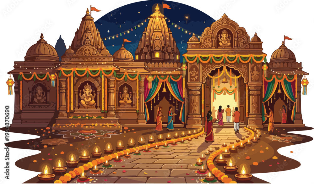 Fototapeta premium A serene Hindu temple complex illuminated with numerous candles and string lights at night, featuring intricate architecture and a peaceful atmosphere.
