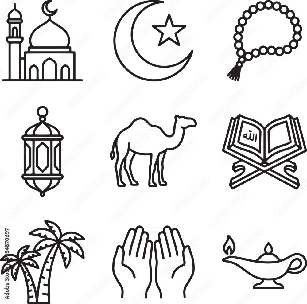 Fototapeta premium Hajj Season Islamic Vector Icons Set with Mosque and Religious Symbols