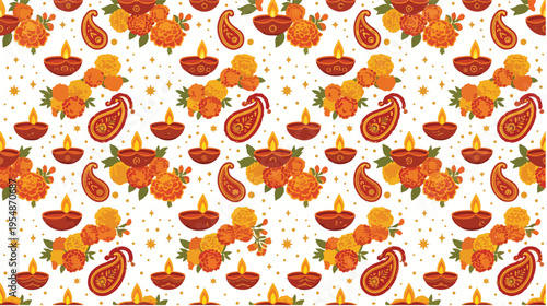 Vibrant seamless pattern of pumpkins, leaves, and stars on white background with warm autumnal tones.