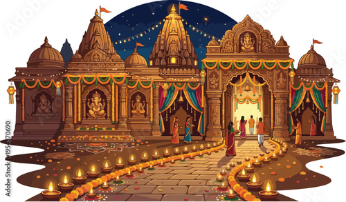 A serene Hindu temple complex illuminated with numerous candles and string lights at night, featuring intricate architecture and a peaceful atmosphere.