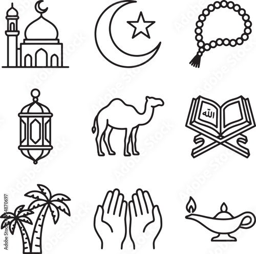 Hajj Season Islamic Vector Icons Set with Mosque and Religious Symbols