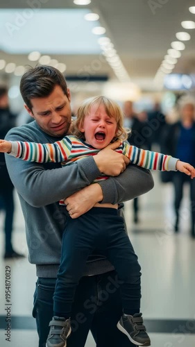 Man desperately holds his crying child, a boy, facing a behavioral problem and neurological disorder in a public place Vertical video