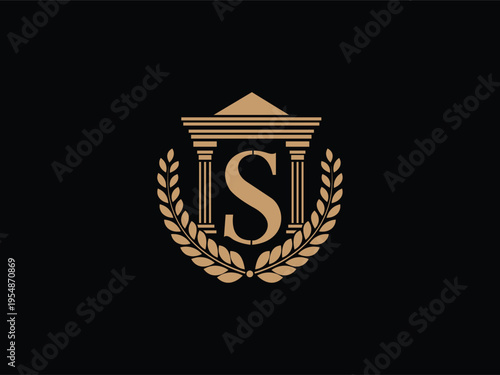 Regal Gold Emblem with Roman Pillar Architecture, Laurel Branches, and Prominent Letter S - Classic Symbol, Letter S
