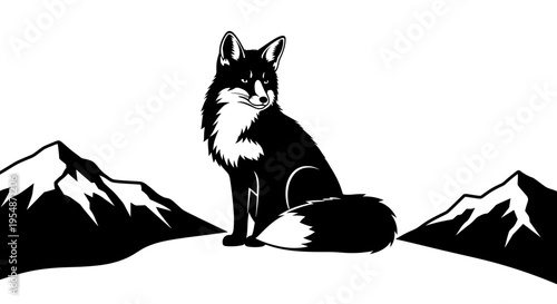 Black Fox Sitting on Mountain.