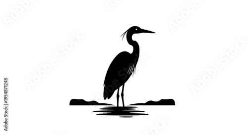 Black Heron Bird Silhouette Standing.