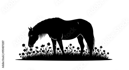 Black Horse Eating Wildflowers Silhouette.